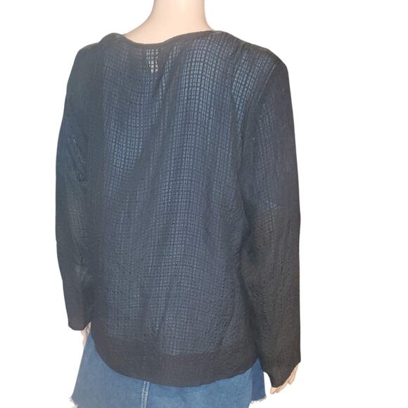 Eileen Fisher Size L Black Semi-Sheer One Button Textured 100% Silk Cardigan - Picture 3 of 8